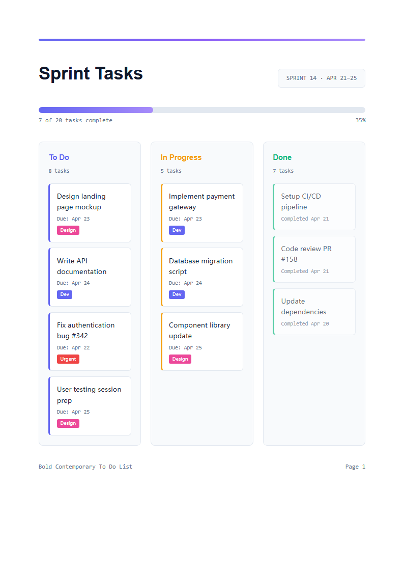 Bold contemporary to do list with kanban board